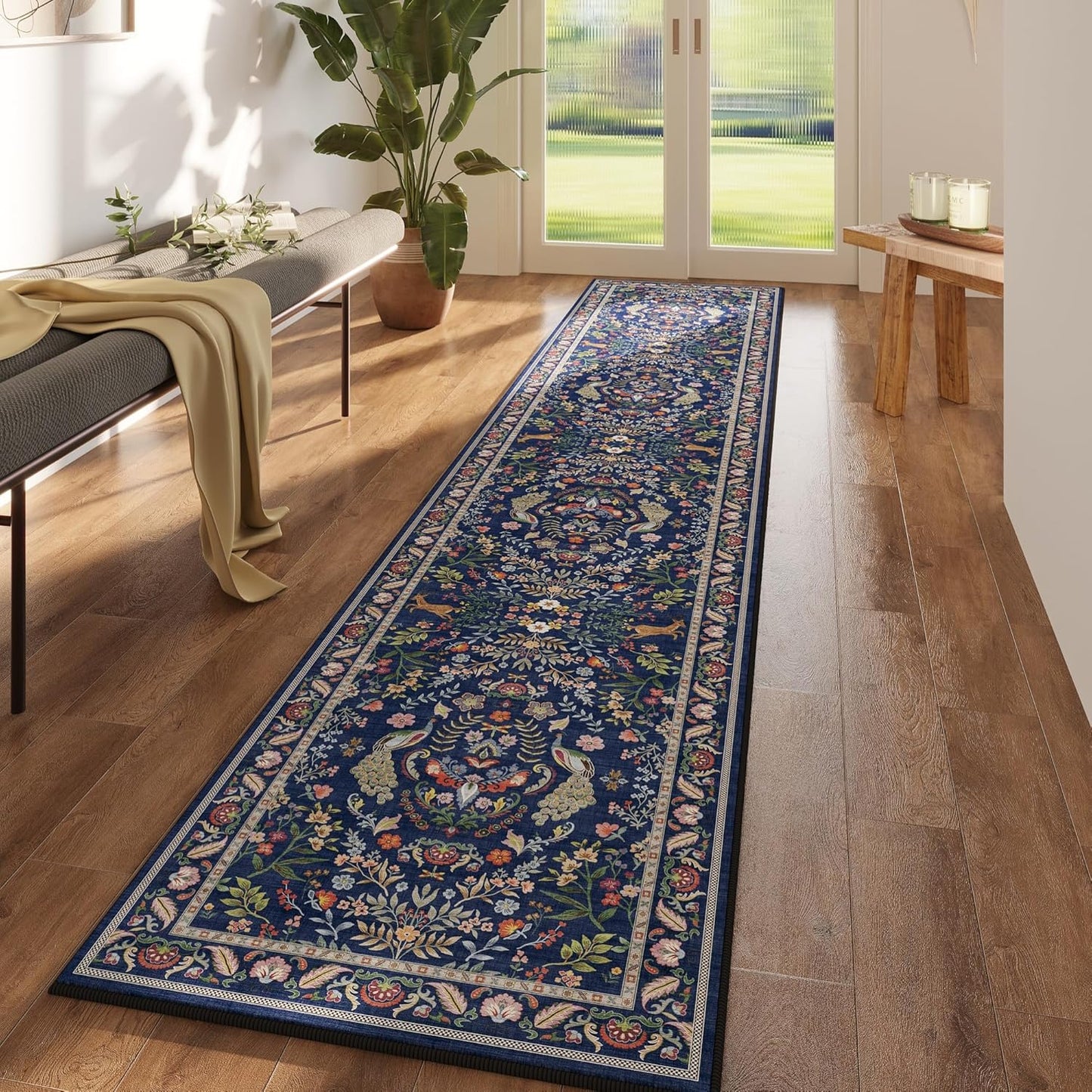 Runner Rug Washable Kitchen Runner 2'x 10' Runner Rug for Entryway Indoor Floral Soft Non-Slip Carpet Runner for Hallways, Kitchen, Laundry, Bedroom, Bathroom(Blue)