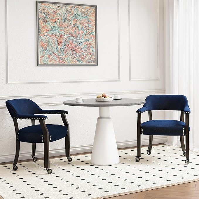 Dinning Chairs with Wheels and Arms Set of 4, Solid Wood Office Desk Chairs with Frosted Velvet Upholstered, Classic Swivel Accent Chairs, 31.5" H Boss Caption's Chair, Ocean Blue XXY-HT22-OB