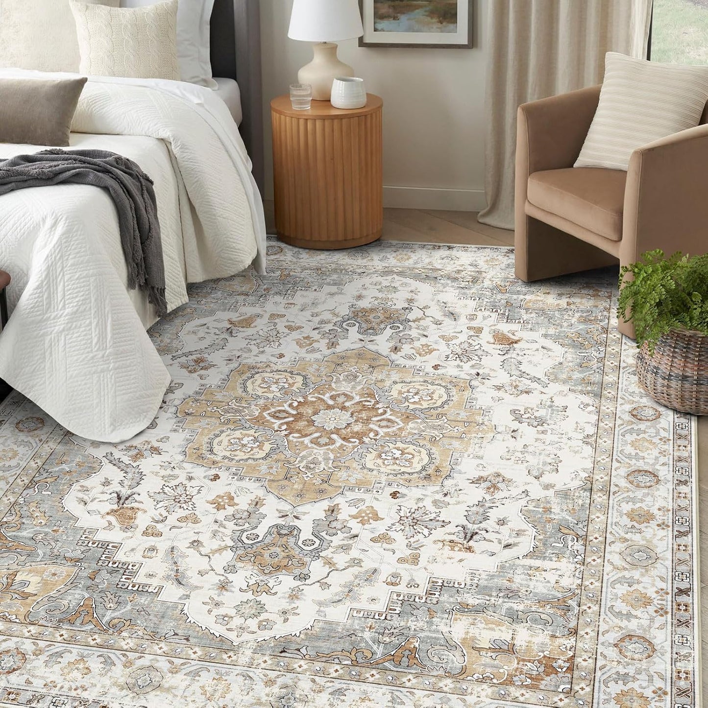 6x9 Area Rug for Living Room - Large Oriental Washable Rugs for Bedroom Non-Slip Tan Cream Stain Resistant Dining Room Rug Farmhouse Low-Pile Carpet Soft Vintage Rug for Office Guest Room