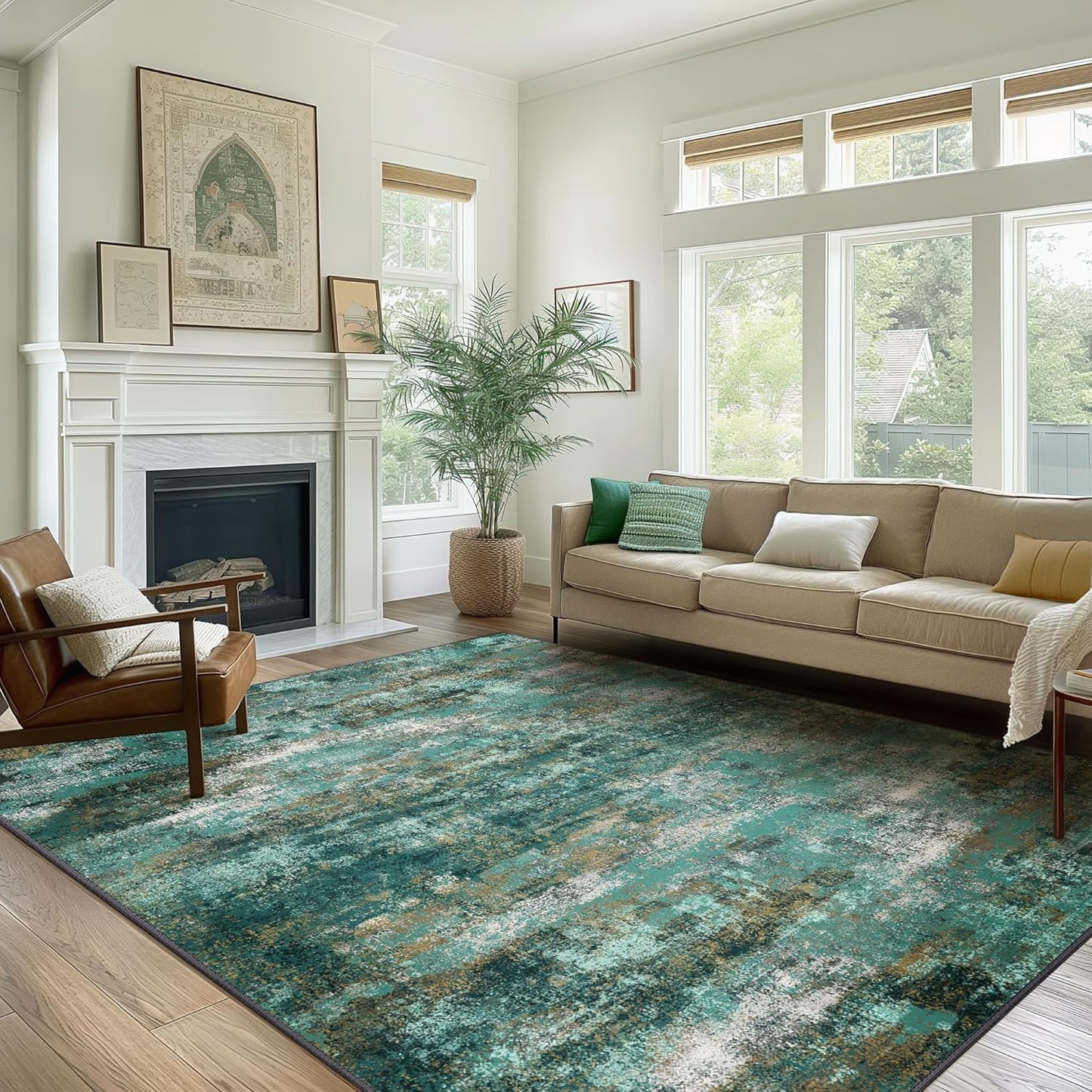 Area Rugs 6x9 for Living Room Bedroom, Modern Abstract Machine Washable Rug, Large Soft Low Pile Floor Carpet with Non Slip Backing for Dining Room, Turquoise