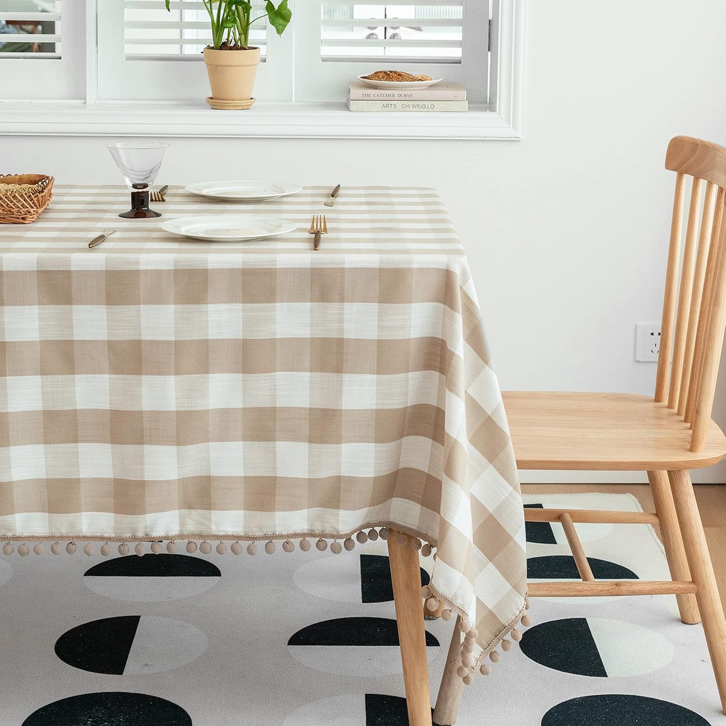 Jubilantex Rectangle Checkered Tablecloth with Pompom Tassel Classic Checkered Wrinkle Resistant Table Cover for Kitchen Dinning Outdoor,60 x 108 inch Oblong Table Cover, Beige and White