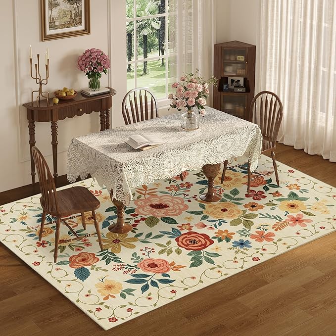 DUKINO 6x9 Area Rug, Floral Rugs for Living Room, Lightweight Non Slip Washable Rug, Indoor Low Pile & Non-Shedding Boho Design Rugs for Bedroom, Living Room, Dining Room, Beige Yellow