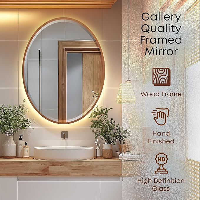 OVALCREST - Oval Wooden Beveled Wall Mirror for Home Decor, Bathroom, Vanity, Bedroom, Living Room, Hallway - London Style (Sunset Gold) 25.1 x 31.1