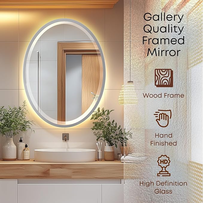 OVALCREST - Oval Wooden Beveled Wall Mirror for Home Decor, Bathroom, Vanity, Bedroom, Living Room, Hallway - London Style (Silver Spray) 25.1 x 37.1