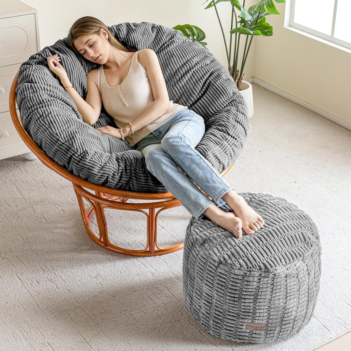 HIGOGOGO Pouf Ottoman Stuffed Round Modern Foam Filled Foot Rest Poufs for Living Room Chair Decorative 26 X 18 Inches Boho Relax Stool for Wedding Christmas Party, Light Grey