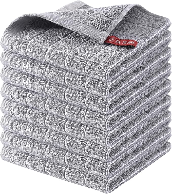 Homaxy 100% Cotton Terry Kitchen Dish Cloths, Ultra Soft and Absorbent Dish Towels for Kitchen, Suitable for Drying and Washing Dishes, 8 Pack, 12 x 12 Inches, Light Grey
