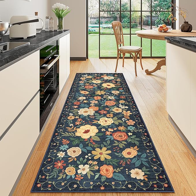 DUKINO 2x6 Runner Rug for Hallway, Washable Kitchen Runner Rug with Non Slip Backing, Low Pile Soft Boho Floral Runner for Kitchen, Hallway, Entryway, Laundry, Bedroom, Dark Blue