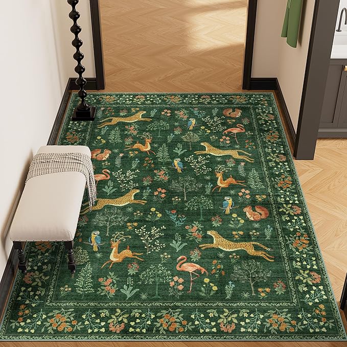 DUKINO 4x6 Rug, Washable Animal Area Rug with Non Slip Vintage Design, Indoor Soft Low Pile Carpet for Bedroom, Nursery, Dining Room, Farmhouse, Playroom, Green