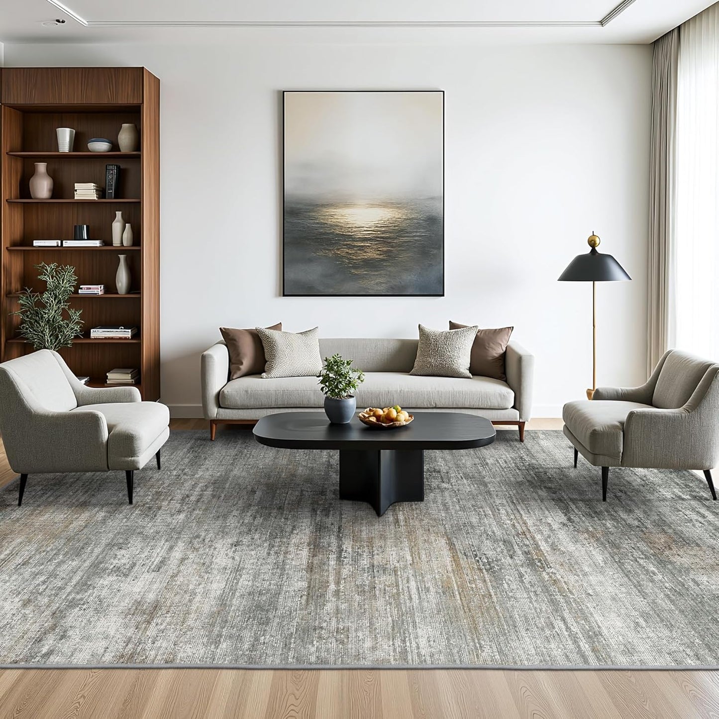 Area Rugs 9x12 for Living Room Bedroom, Modern Abstract Machine Washable Rug, Large Soft Low Pile Floor Cover with Non Slip Backing for Dining Room, Ash Gray Brown