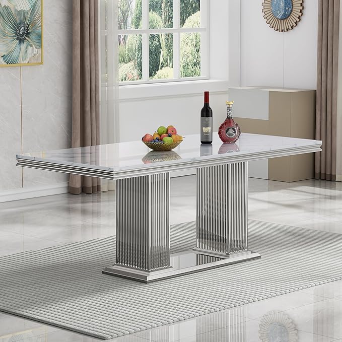 HomVent 70.08 Inch Modern Rectangular Faux Marble Dining Table with Stainless Steel Legs (Silver)