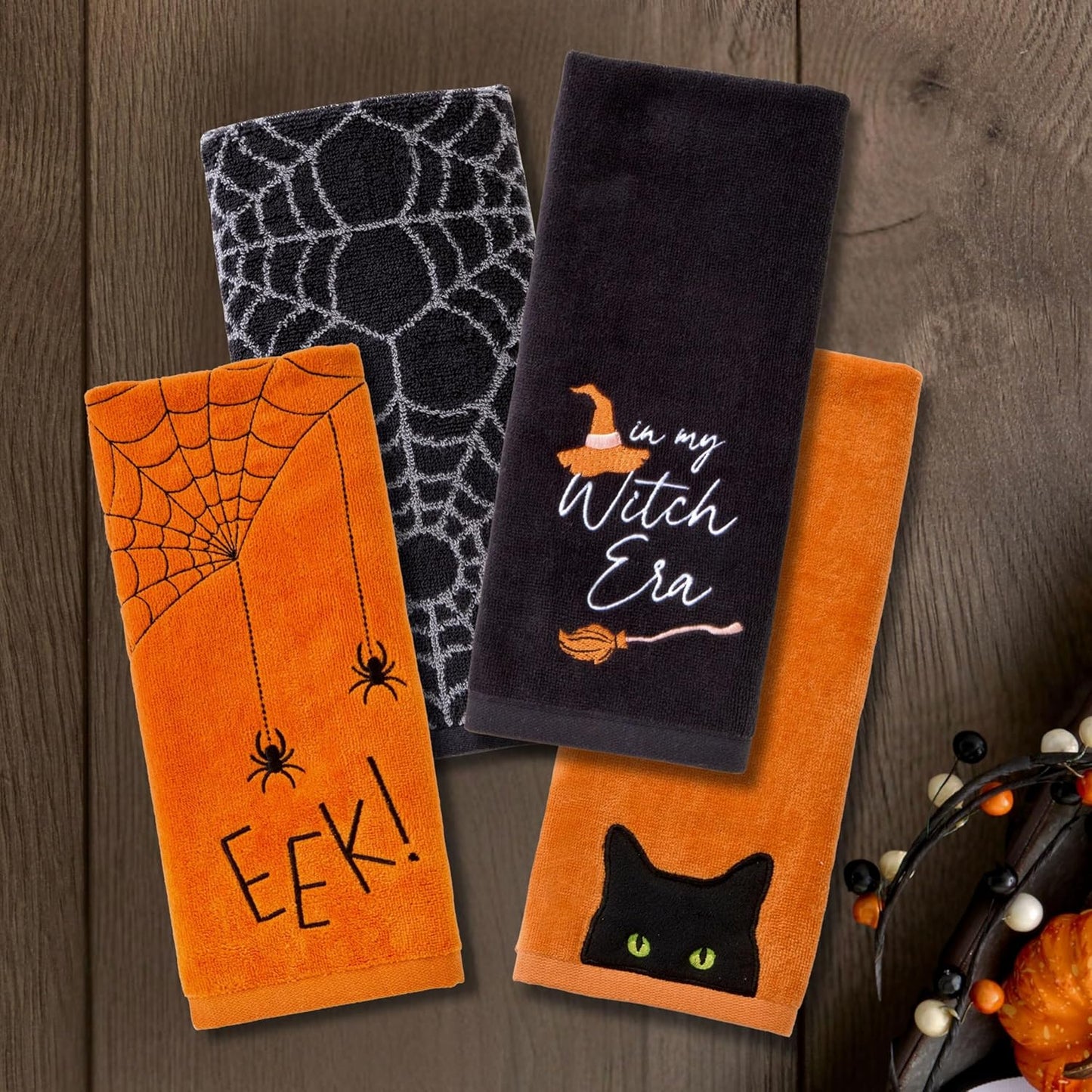 SKL Home Halloween Eek 100% Cotton Embroidered 2pc Hand Towel Set, Decorative for Bath/Kitchen/Bar & Gift, Orange