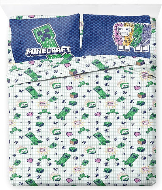 Jay Franco Kids Sheet Set with Fitted, Flat Sheets & Pillow Cover - Ultra-Soft Bedding with Pillowcase for Room Decor, Multi - Minecraft, 4 Piece Full