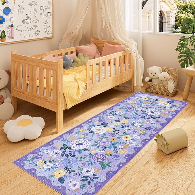 DUKINO Runner Rug, 2x10 Kitchen Hallway Carpet, Washable with Non-Slip Backing, Low Pile Soft Boho Floral for Entryway, Laundry, Bedroom, Purple