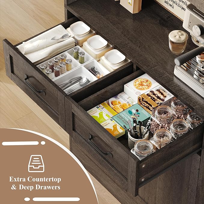 HOSTACK 71“ Tall Kitchen Pantry Storage Cabinet, Modern Kitchen Hutch Bar Cabinet with Microwave Stand, Wood Buffet Sideboard with Hutch, Cupboard with Drawers, Shelves for Dining Room, Dark Brown