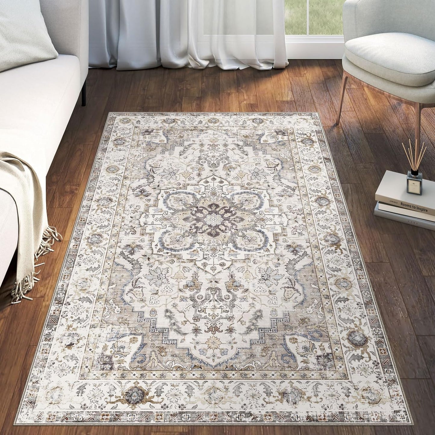 3x5 Washable Area Rug - Small Entryway Rug Non-Slip Cream Vintage Oriental Kitchen Rugs Low Pile Boho Carpet Throw Rugs for Living Room Bedroom Bathroom Entrance Dorm Office Home Decor