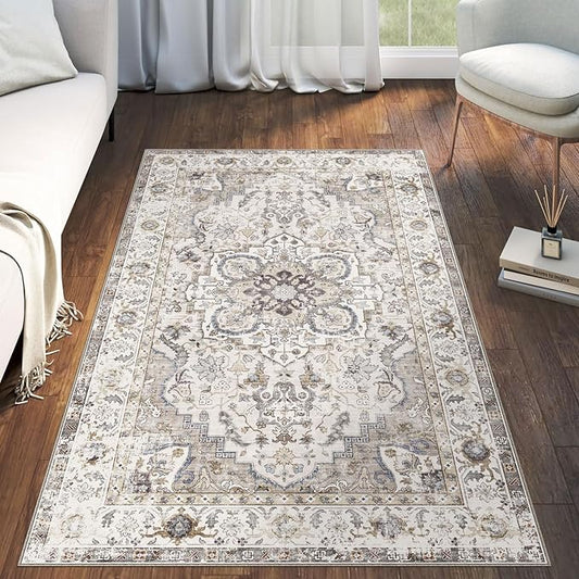 3x5 Washable Area Rug - Small Entryway Rug Non-Slip Cream Vintage Oriental Kitchen Rugs Low Pile Boho Carpet Throw Rugs for Living Room Bedroom Bathroom Entrance Dorm Office Home Decor