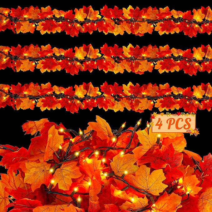 4 Pack Fall Garland with Lights, 36FT Decor, 200 Connectable Orange Bulbs Plug in Fall Decorations for Home, Artificial Maple Leaves Garland with Light for Thanksgiving Halloween Decorations