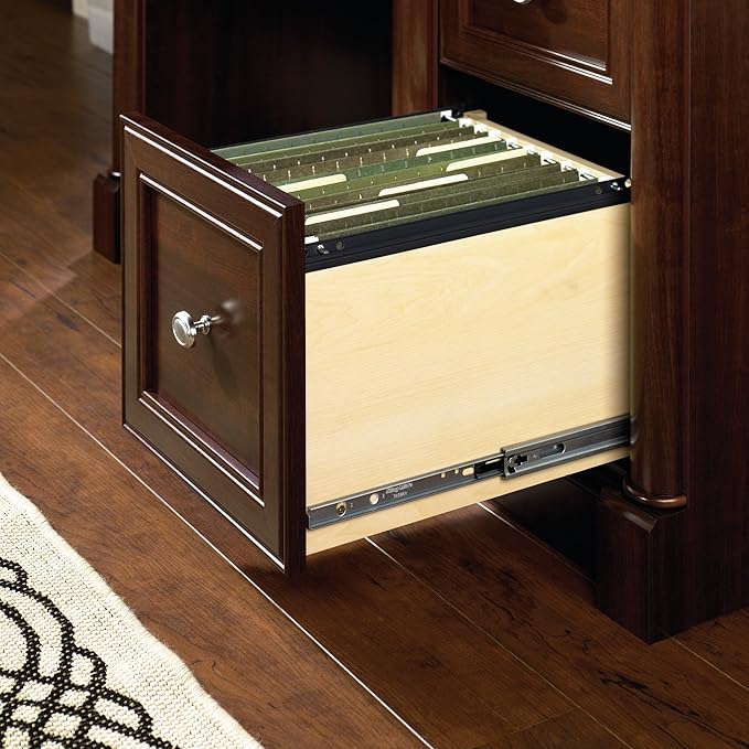 Sauder Palladia Computer Desk with Drawers, Home Office Desk with File Cabinet Storage Drawer, Cable Management, Keyboard Tray, in Select Cherry Finish
