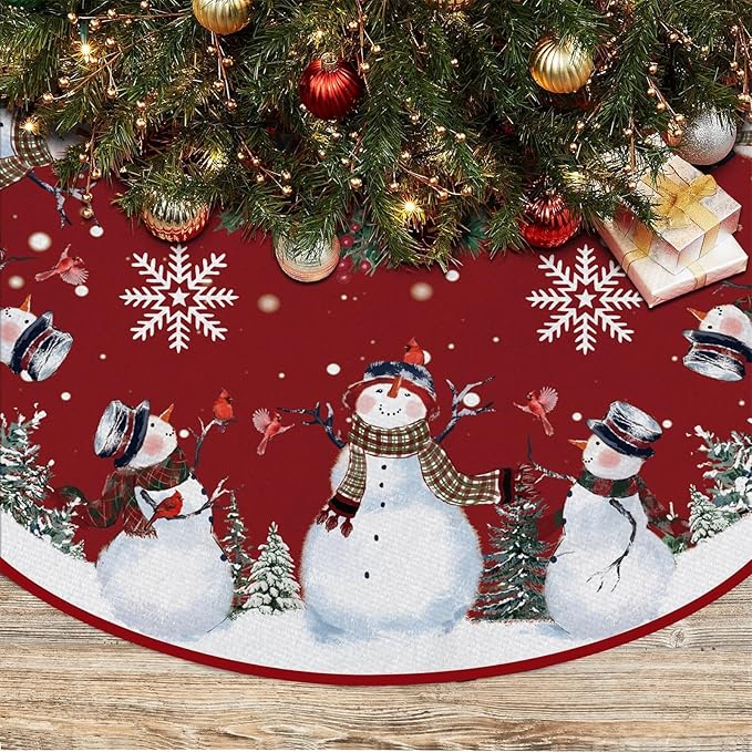 Snowman Christmas Tree Skirt 48 Inches, Red Backgrond Snowflake Pencil Tree Skirt, Winter Xmas Tree Mat Decorations for Home Party Holiday Decorations