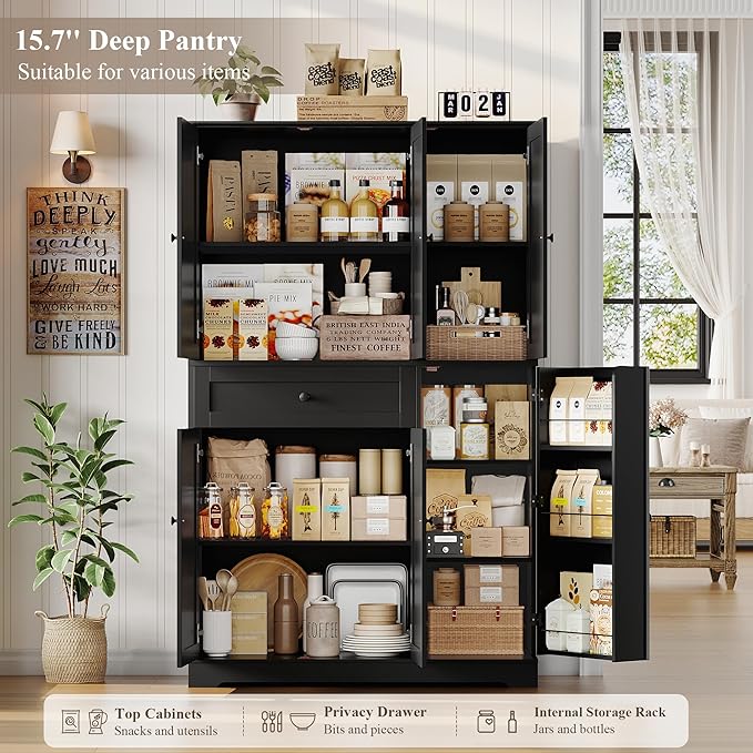 HOSTACK 68" Tall Kitchen Pantry Storage Cabinet, Modern Kitchen Hutch Cabinet with Doors and Shelves, Freestanding Food Pantry with Large Storage Drawer for Dining Room, Living Room, Black