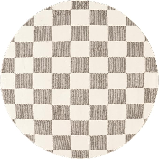 nuLOOM 6' Round Indoor Area Rug, 100% Recycled PET, Machine Washable, Oeko-TEX Certified, Medium Pile, Pet-Friendly, Zhuri Checkered Cream