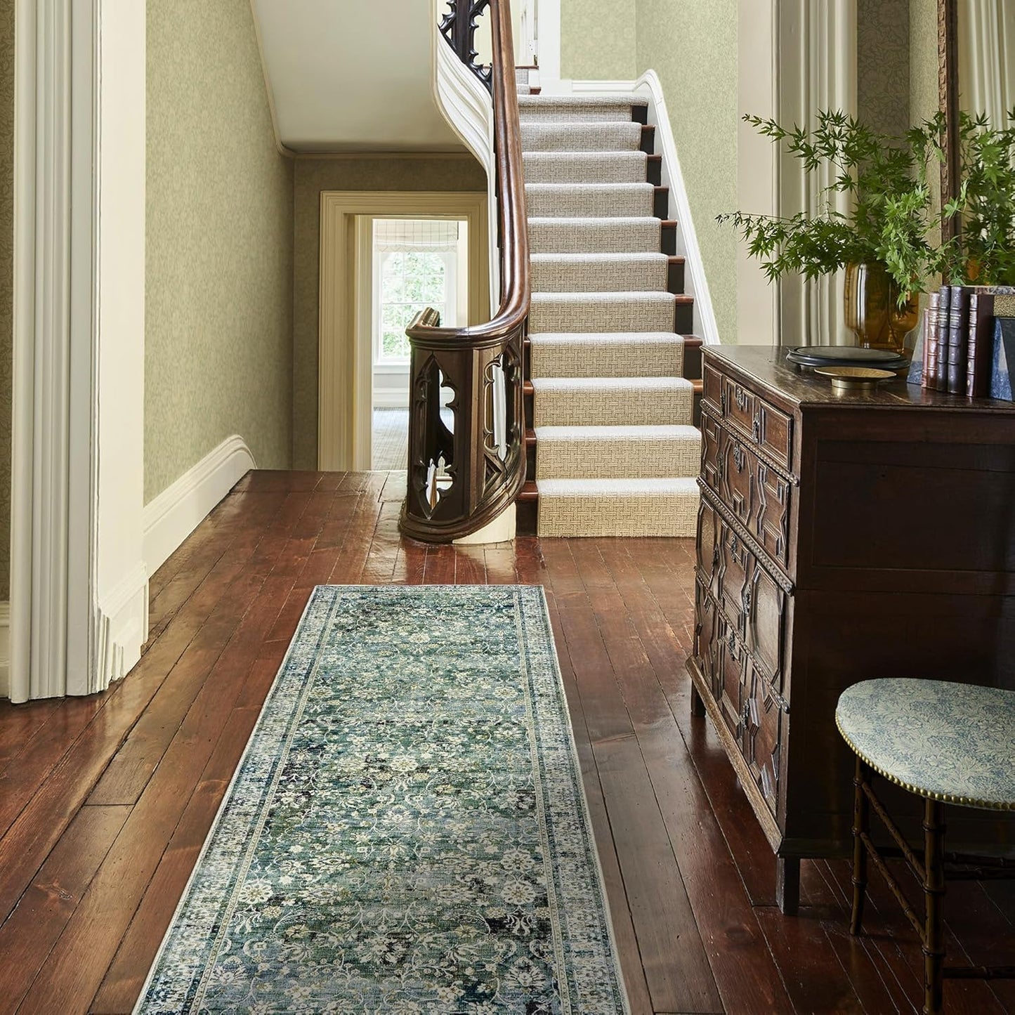 Green Washable Bathroom Hallway Runner Rug with Rubber Backing Non Slip Vintage Boho Floral Long Runners Rugs for Entryway Indoor Laundry Room Bath Floor Kitchen,2x6,24x72 Inch,Dark Emerald