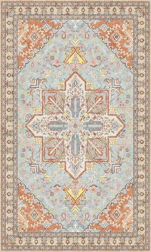 Washable Entryway Rug 3x5 | Non Slip Rug Runners for Hallways, Entryways, Kitchens, Bathrooms, Bedrooms | Ultra-Soft Flannel Carpet Kitchen Rug with Rubber Backing (Light Teal/Rust, 3x5)