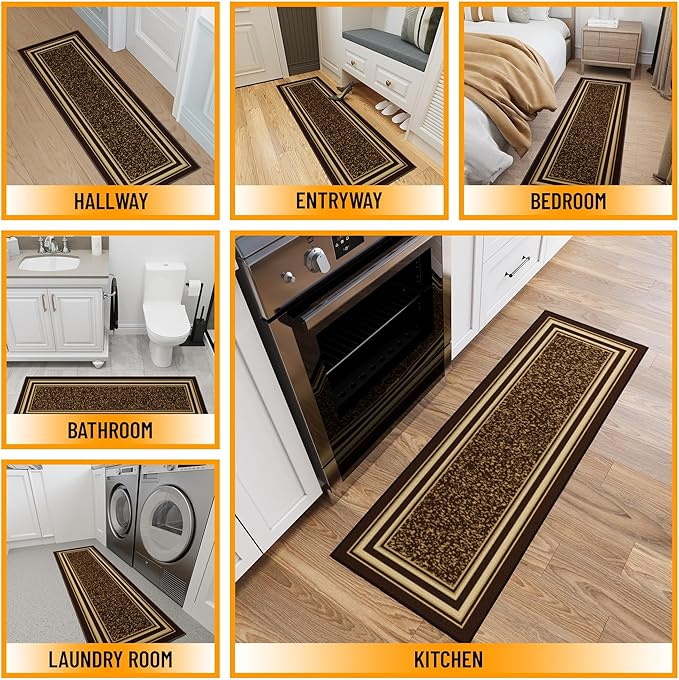 Ottomanson Hallway Runner Rug 20" x 59" Non Slip Border Area Rugs Easy to Clean Laundry Rug Runner Durable & Pet Friendly Floor Carpet Runners for Hallways Entryway Living Room Kitchen, Brown