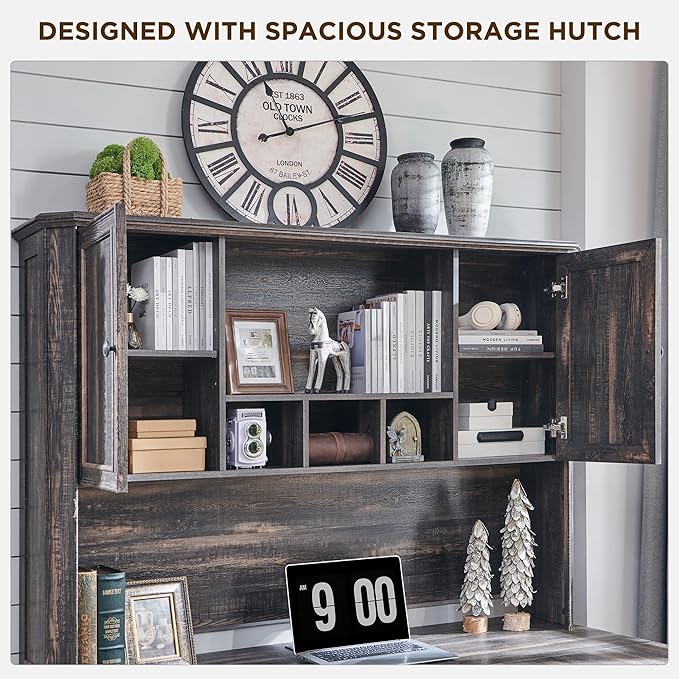 T4TREAM 59" Farmhouse Executive Desk with Hutch,Wood Home Office Computer Desk, Featuring Keyboard Tray,Charging Station,File Drawer, Storage Cabinet,for Work and Study (Dark Rustic Oak)