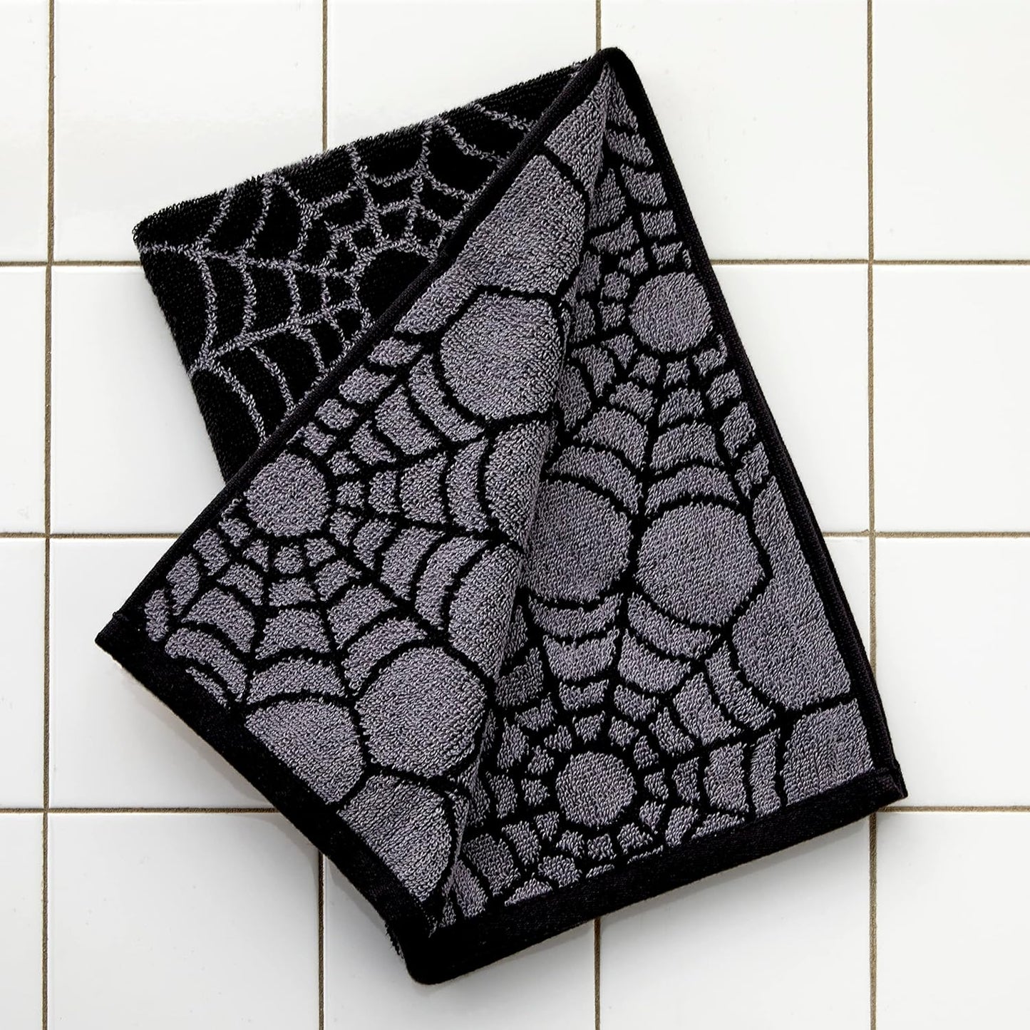 SKL Home Halloween Spider Web 100% Cotton Jacquard 2pc Hand Towel Set, Reversible, Soft & Absorbent, Decorative for Bath/Kitchen/Bar & Gift, Black