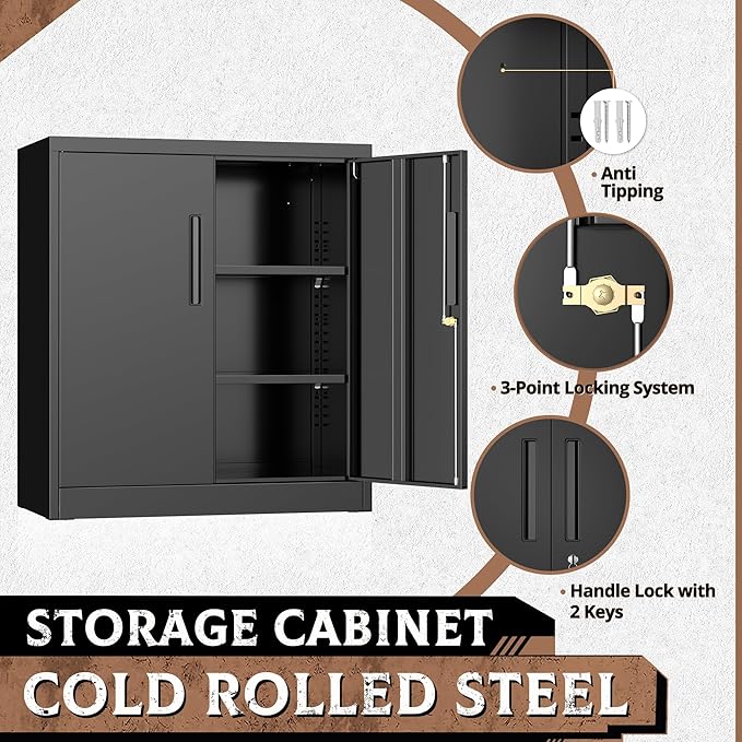 SUNCROWN Metal Storage Cabinets, 36”Locking Cabinet with Doors and Adjustable Shelves, Steel Utility Tool Garage Cabinets for Home, Office, Kitchen,Warehouse, Black