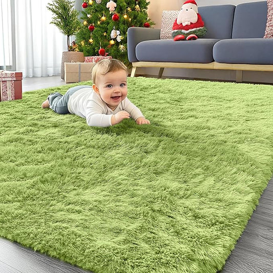 OLANLY Area Rugs for Living Room Bedroom, Machine Washable 4x5.9 ft Soft Fluffy Shaggy Bedside Rug, Indoor Floor Carpet for Kids Girls and Boys, Dorms, Nursery Rooms, Home Decor Aesthetic, Grass Green