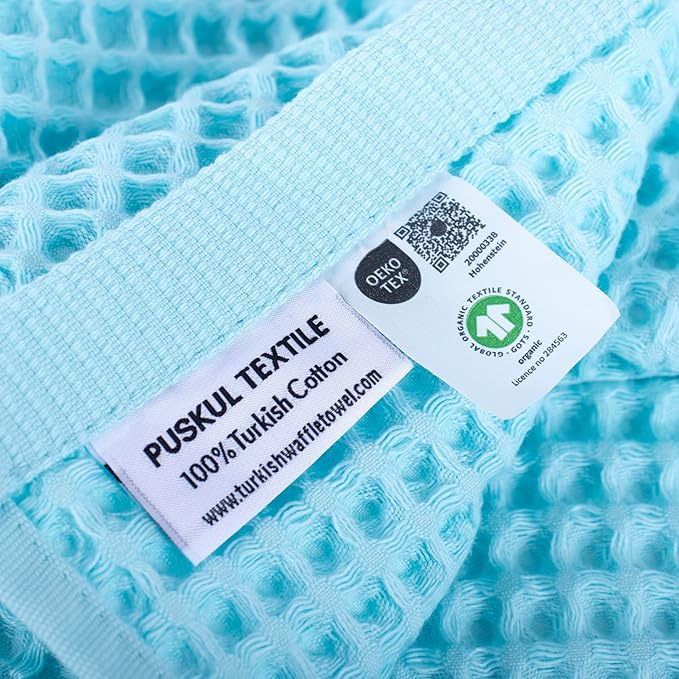 Püskül - Luxury Waffle Towel Set for Bathroom 4 Pieces Turquoise Blue, Premium Quality Organic 100% Turkish Cotton 2 Hand and 2 Bath Towels, Quick Dry Thin Waffle Towels, Made in Turkiye (Turquoise)
