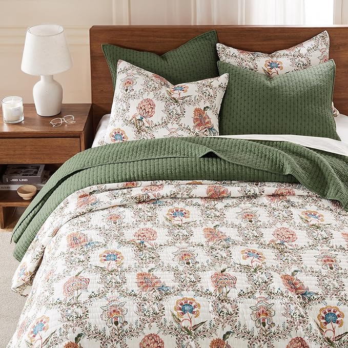 Levtex Home Cross Stitch Reversible Twin XL/Twin Quilt Set (68x86in) with 1 Pillow Sham (26x20in) - Stitch Texture - Forest Green - Cotton Twin Size Quilt Bedding Set - Lightweight, Soft, Pre-Washed