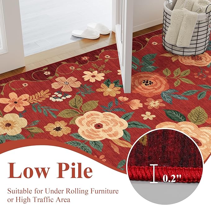 DUKINO 5x7 Area Rug, Floral Rugs for Living Room, Lightweight Non Slip Washable Rug, Indoor Low Pile & Non-Shedding Boho Design Rugs for Bedroom, Living Room, Dining Room, Red
