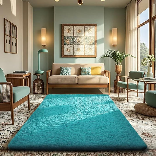 Ophanie Teal Rugs for Living Room Bedroom, 5x8 Fluffy Fuzzy Furry Carpet, Plush Soft Shaggy Bedside Indoor Floor Area Rug for Kids Girls Boys Baby Teen Dorm Nursery Home Decor Aesthetic