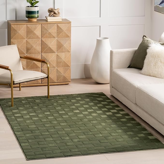 nuLOOM 8' x 10' Indoor Area Rug, 100% Recycled PET, Machine Washable, Oeko-TEX Certified, Medium Pile, Pet-Friendly, Alaiya Checkered Green