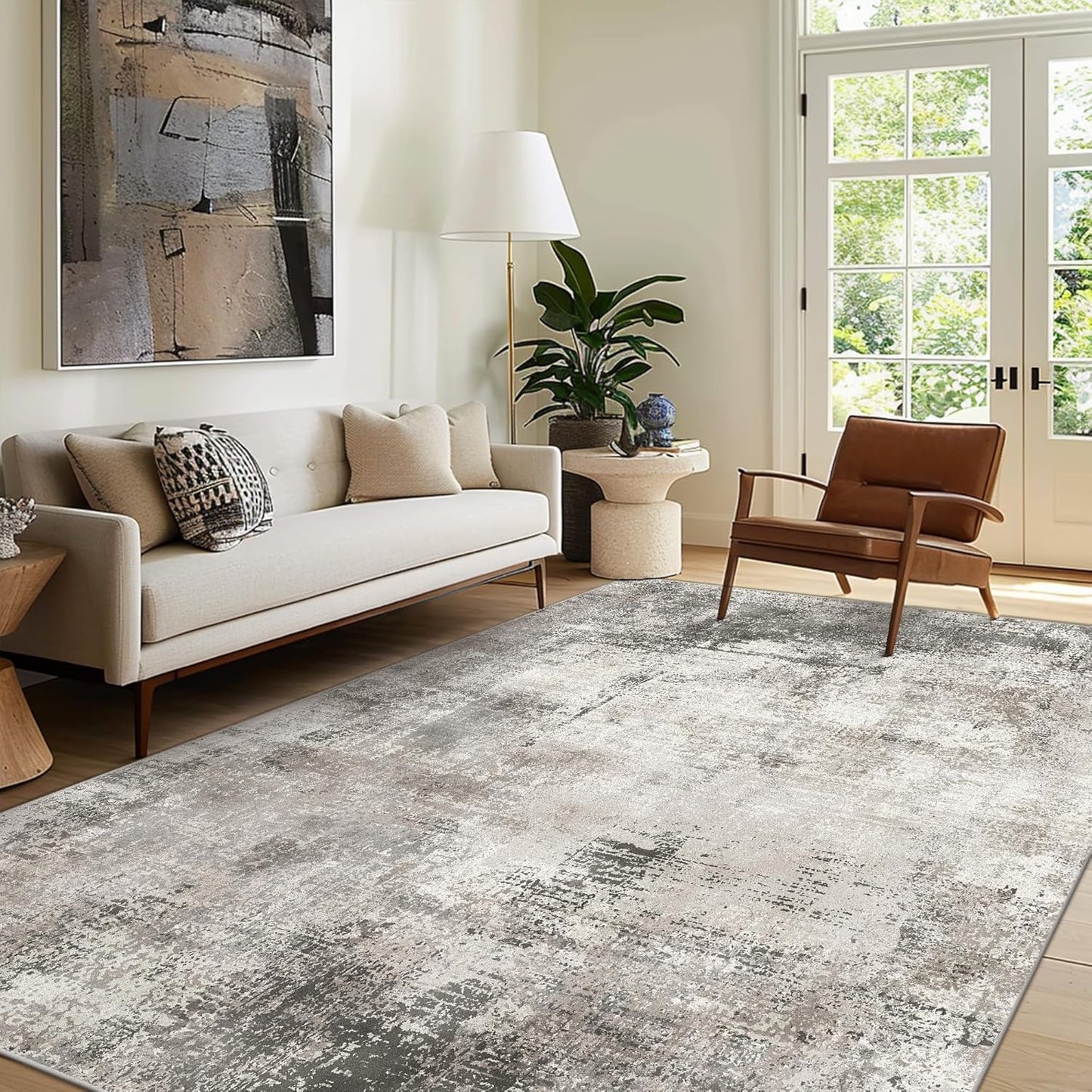 Area Rugs 8x10 Machine Washable Rug for Bedroom Living Room Dining Room, Large Modern Abstract Soft Rugs, Indoor Low Pile Carpet with Non Slip Rubber Backing, Abstract Gray