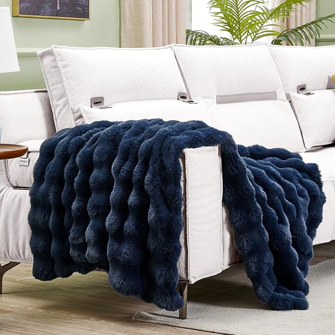 JONIYEAR Super Large Soft Fuzzy Bubble Faux Rabbit Fur Bed Blanket Full Size 70" x 80",Decorative Big Thick Warm Fluffy Blanket for Winter, Luxury Cute Cozy Plush Shaggy Comfy Furry Blankets,Navy Blue