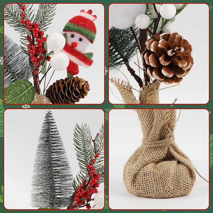 winemana 6 Pcs Small Christmas Tree Table Decorations Indoor, Mini Artificial Trees Plants with Pine Cones Santa Snowman for Tabletop Centerpiece Office Home Kitchen Xmas Holiday Decor