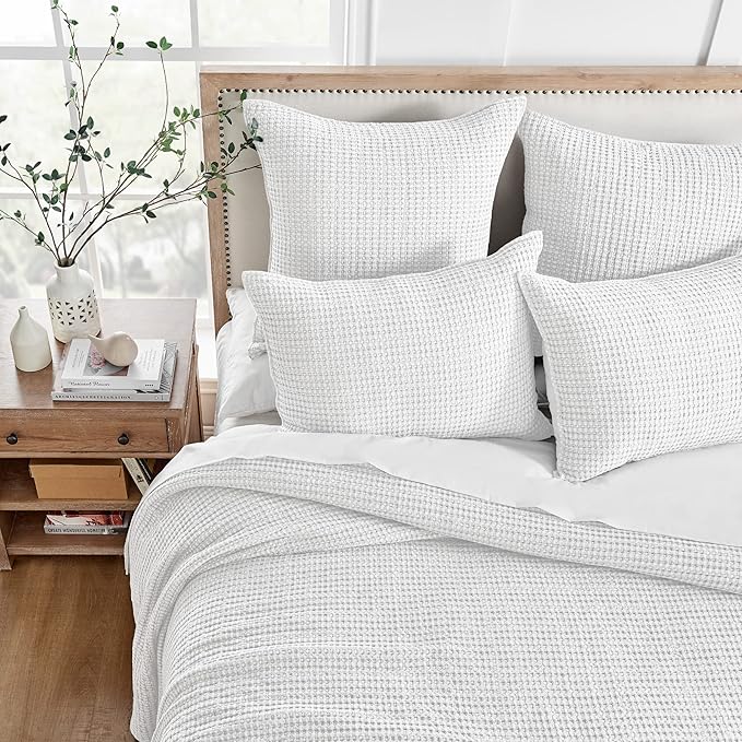Levtex Home Mills Waffle Queen Bedspread Set (104x106in) with 2 Pillow Shams (26x20in) - Bright White - 100% Cotton Queen Size Bedspread Set - Lightweight, Soft, Pre-Washed