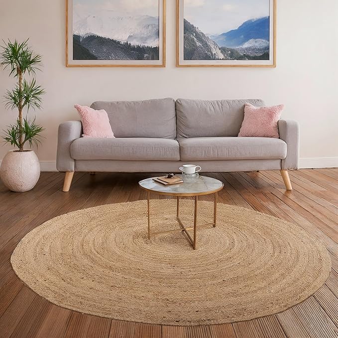 REDEARTH · Round Area Rug - Hand Woven Braided 100% Natural Jute - Artisan Made Reversible Boho Jute Rugs for Bedroom - Kitchen - Living Room - Farmhouse - Aesthetic Home Decor (8' Feet - Natural)