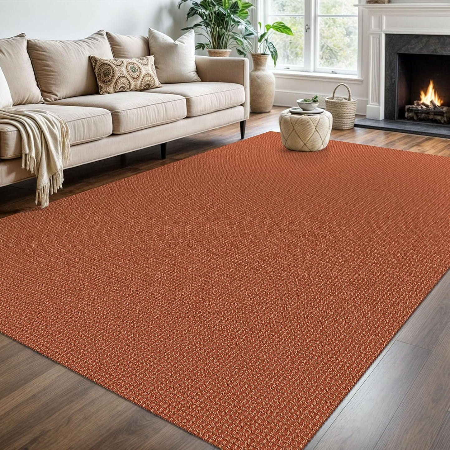 KOZYFLY Washable Area Rug 6x9 ft Rubber Backed Non Slip Rugs for Living Room Braided Cotton Bedroom Rug Woven Office Rugs Indoor Outdoor Floor Carpets for Dining Bedroom Living Room, Orange/Tan