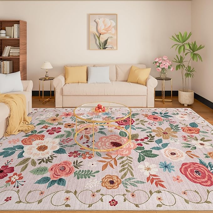 DUKINO 9x12 Area Rug, Floral Rugs for Living Room, Lightweight Non Slip Washable Rug, Indoor Low Pile & Non-Shedding Boho Design Rugs for Bedroom, Living Room, Dining Room, Beige