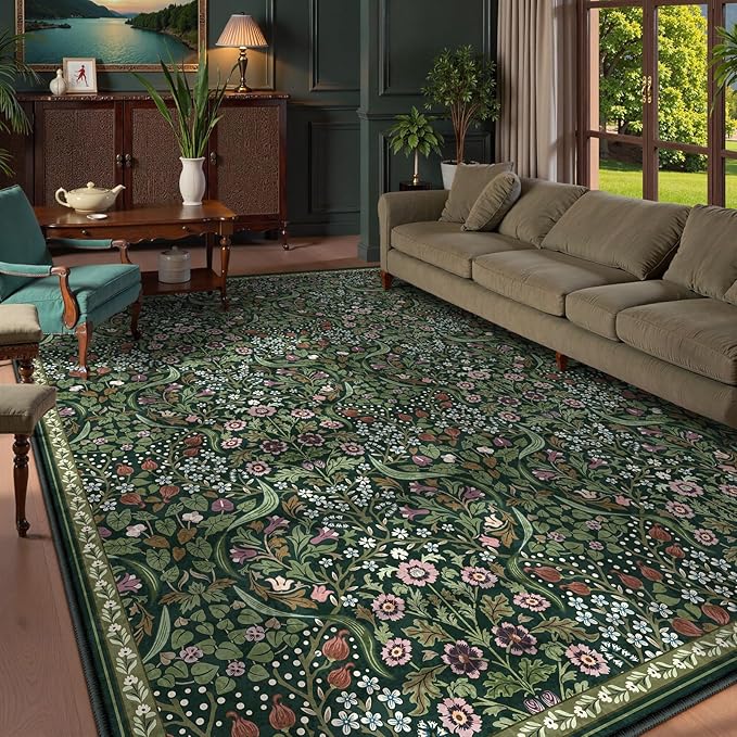 Lahome Floral Area Rugs 9x12 Living Room, Green Soft Bedroom Rugs Non Slip, Thin Dining Room Carpet, Non Shedding Print Carpets for Guestroom