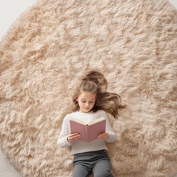 OLANLY Beige Round Rugs for Bedroom - Machine Washable, 7 ft Circle Area Rugs for Living Room, Soft and Fluffy Shaggy Carpet for Teen Girls and Boys, Nursery Rooms, Dorms, Home Decor Aesthetic