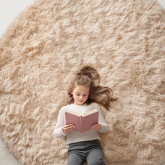 OLANLY Beige Round Rugs for Bedroom - Machine Washable, 7 ft Circle Area Rugs for Living Room, Soft and Fluffy Shaggy Carpet for Teen Girls and Boys, Nursery Rooms, Dorms, Home Decor Aesthetic