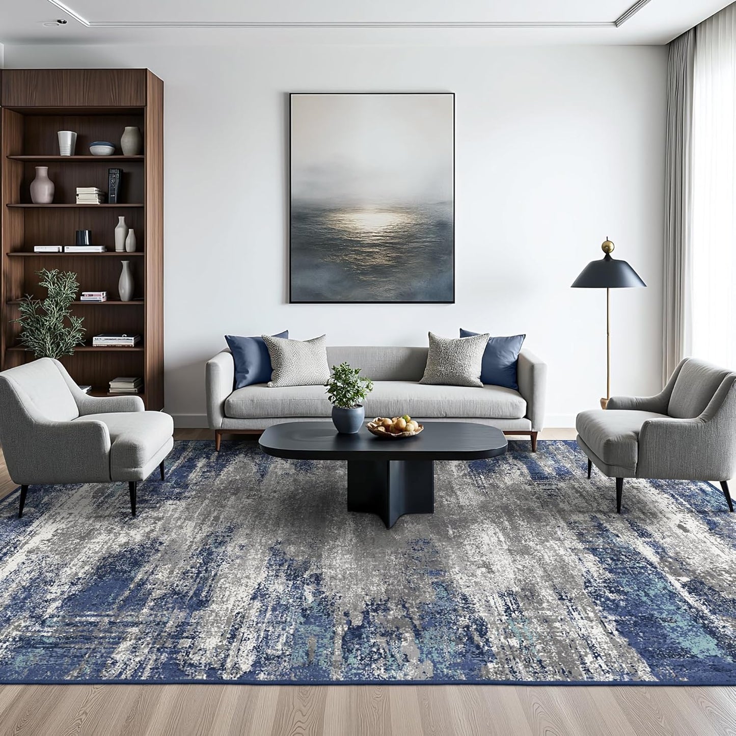 Area Rugs 10x14 for Living Room Bedroom, Modern Abstract Machine Washable Rug, Large Soft Low Pile Floor Cover with Non Slip Backing for Dining Room, Navy Blue Gray