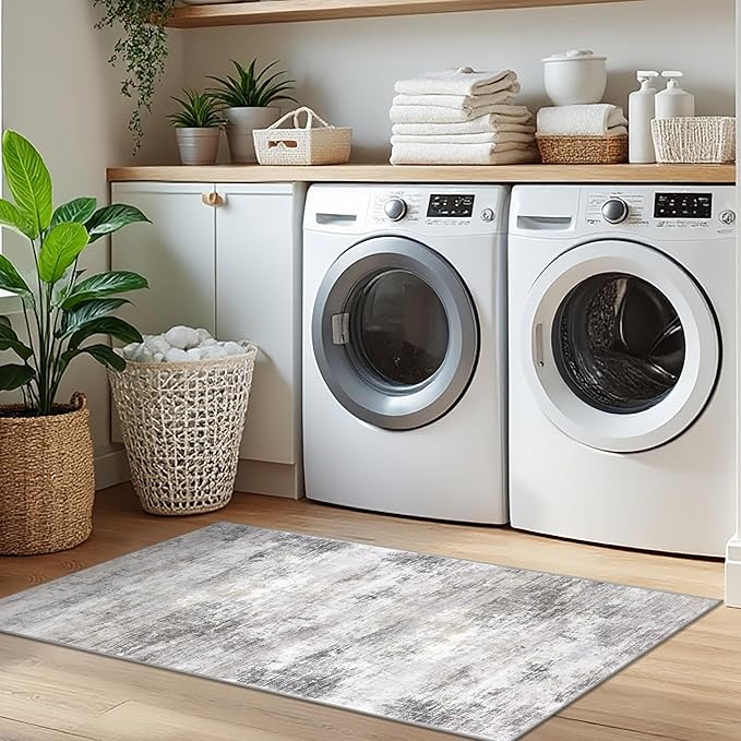 IOHOUZE Abstract Runner Rug 2x5 Ft Washable Runners for Hallways, Non Slip Kitchen Runner Printed Faux Wool Entryway Runner Indoor, Modern Abstract Floor Carpet for Hall Kitchen Bedroom, Grey Beige