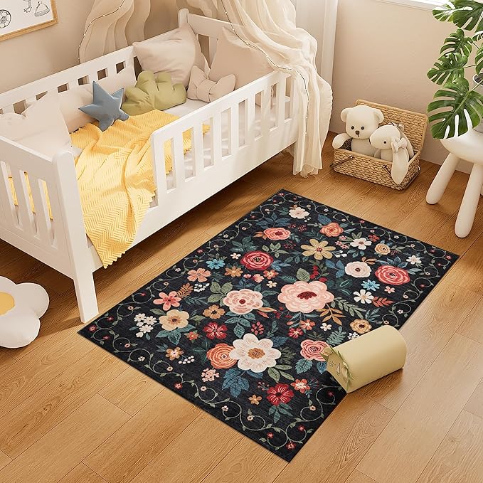 DUKINO 3x4 Area Rug, Lightweight Non Slip Washable Floral Rug, Indoor Low Pile & Non-Shedding Boho Design Carpets for Bedroom, Kitchen, Dining Room, Black